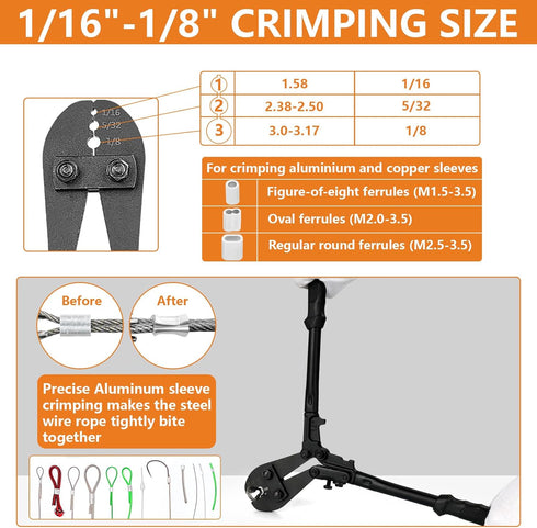 TooTaci Wire Rope Crimping Tool Kit, Include Cable Crimping Tool and Wire Rope Cutter, 14 in Wire Rope Swaging Tool for Crimping Loop sleeve from 1/16-inch to 1/8-inch
